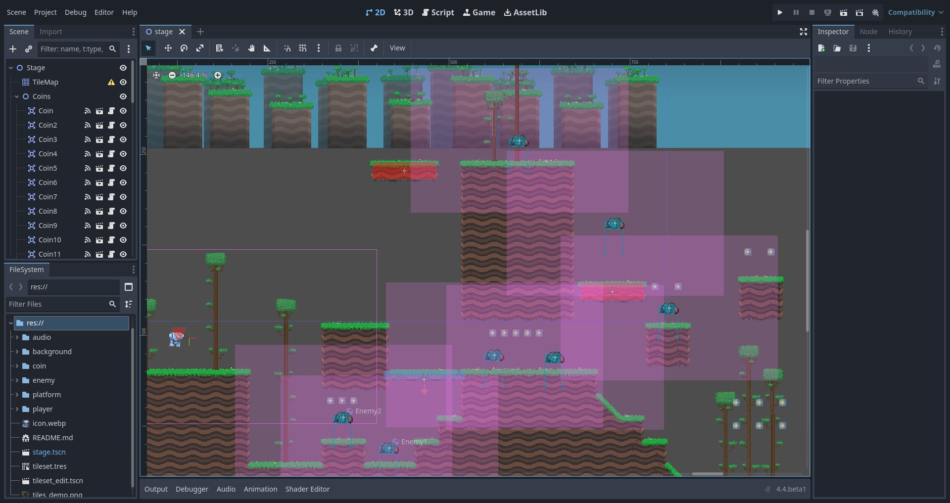 Interface do editor Godot mostrando um projeto 2D com cena, nodes, arquivos e inspector