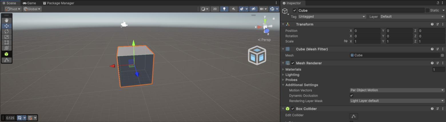 Interface do editor Unity mostrando viewport 3D, cube selecionado e painel Inspector