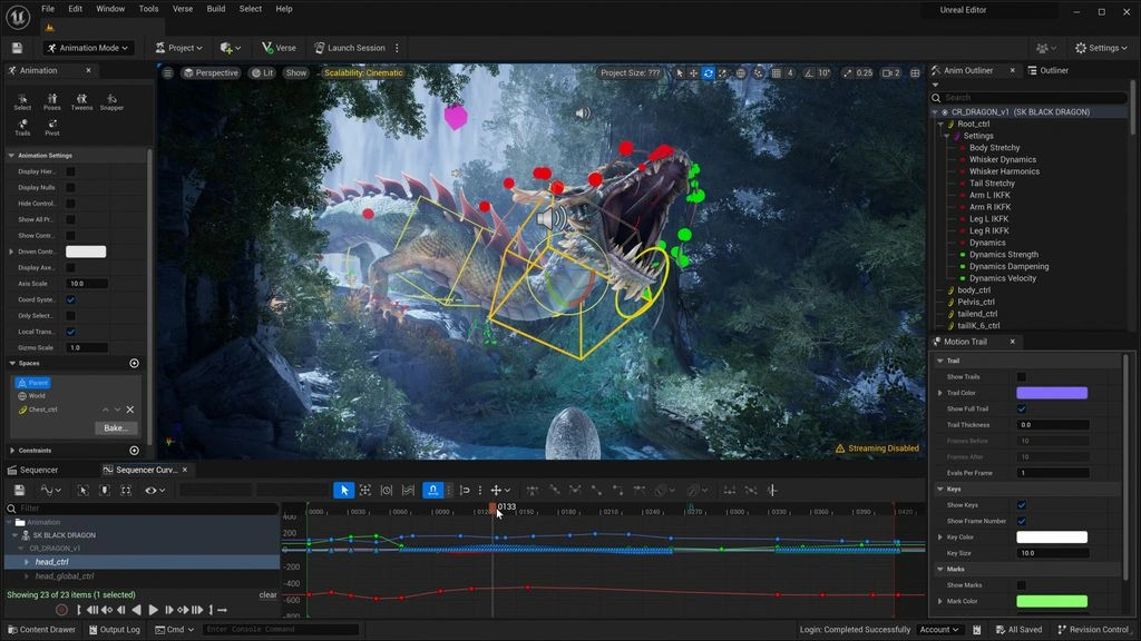 Interface do Unreal Editor mostrando viewport 3D, painéis laterais e timeline de animação